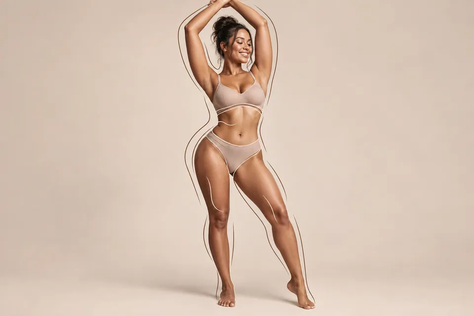 Woman in neutral activewear standing against a soft beige background with contour line artwork.