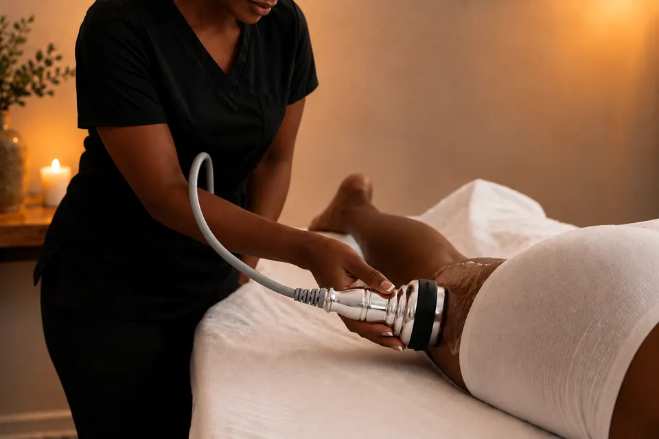 A ShapedChic practitioner carrying out an ultrasonic cavitation treatment on a client’s abdomen.