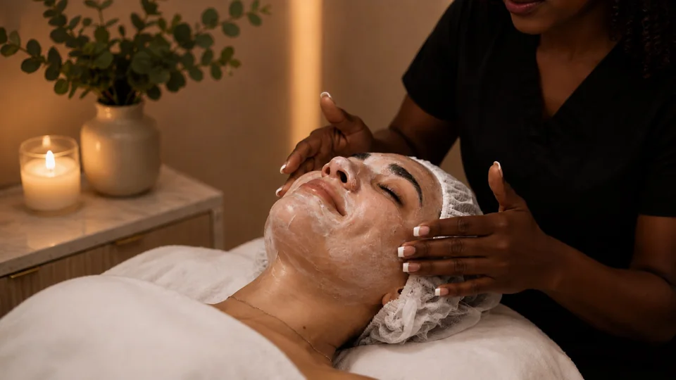 A quiet facial treatment in a warm, softly lit treatment room.