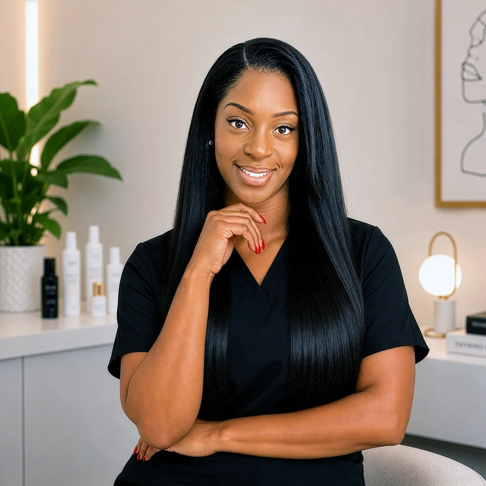 Krystle, founder of ShapedChic, smiling in a black treatment uniform.