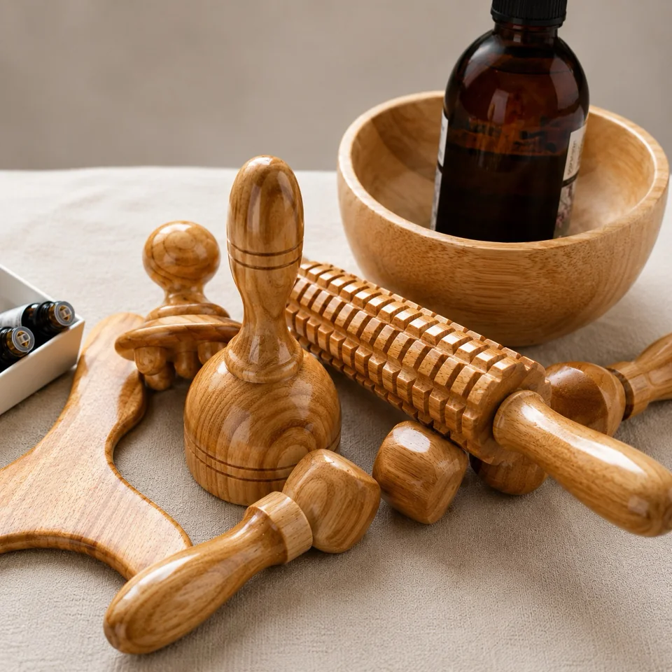 Wooden tools and treatment oil on soft natural linens.